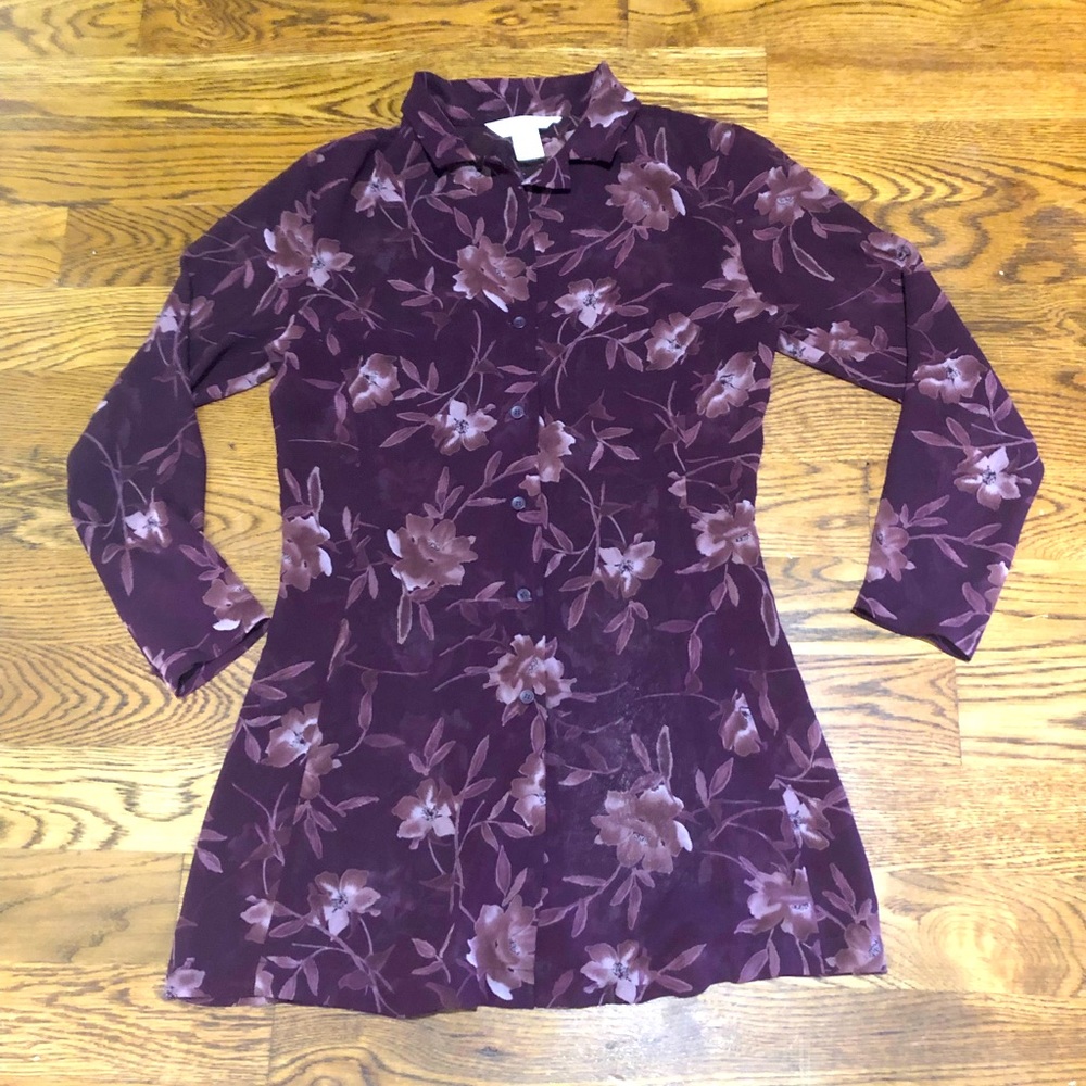 Express Burgundy Floral Shear Button down blouse Small